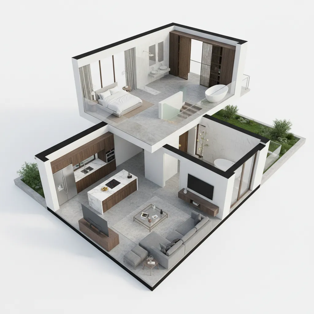 Modelo 3D de una casa con varias habitaciones conectadas