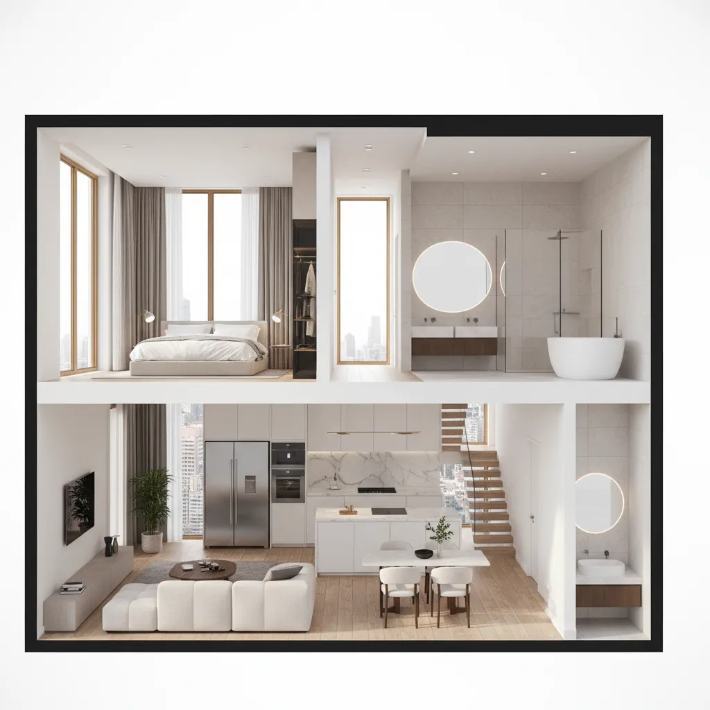 Vista 3D de una casa completa con varias habitaciones diseñadas digitalmente