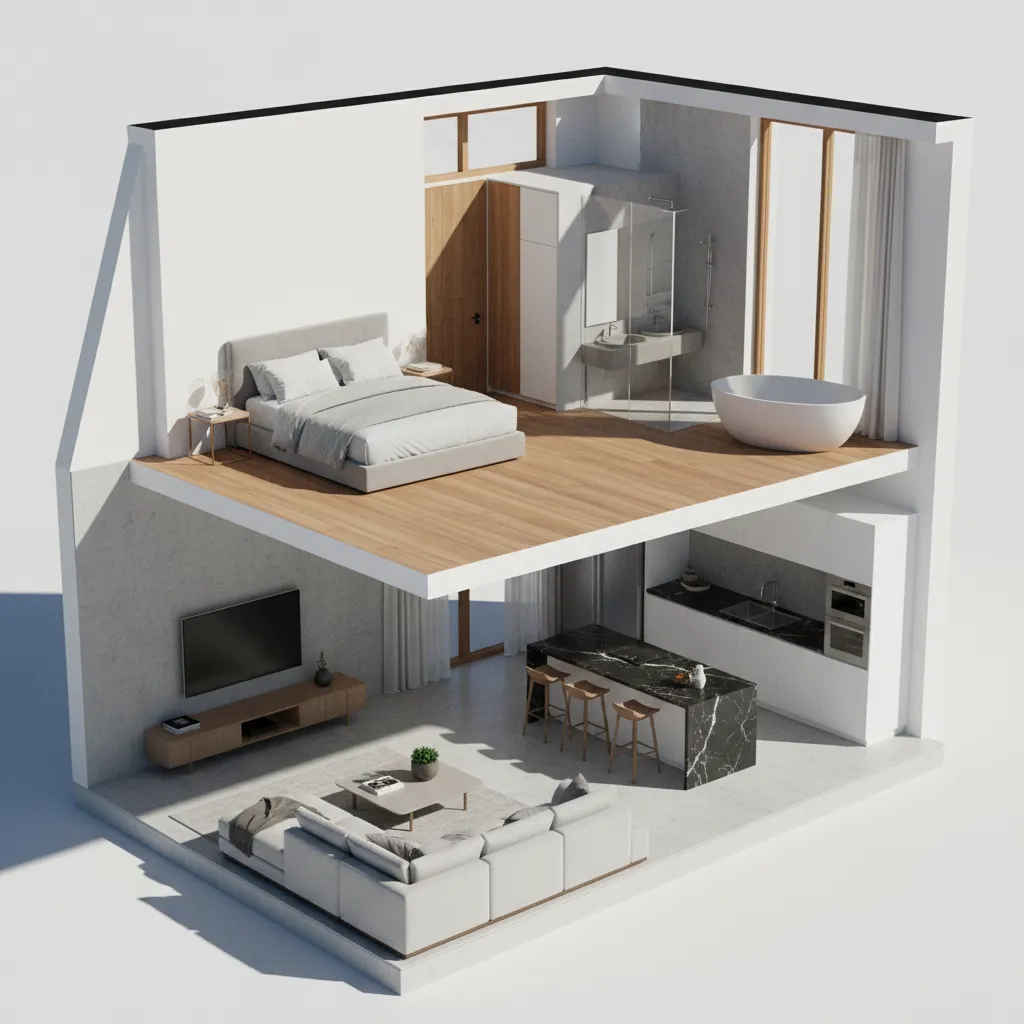 modelo 3D de una vivienda mostrando habitaciones y distribución