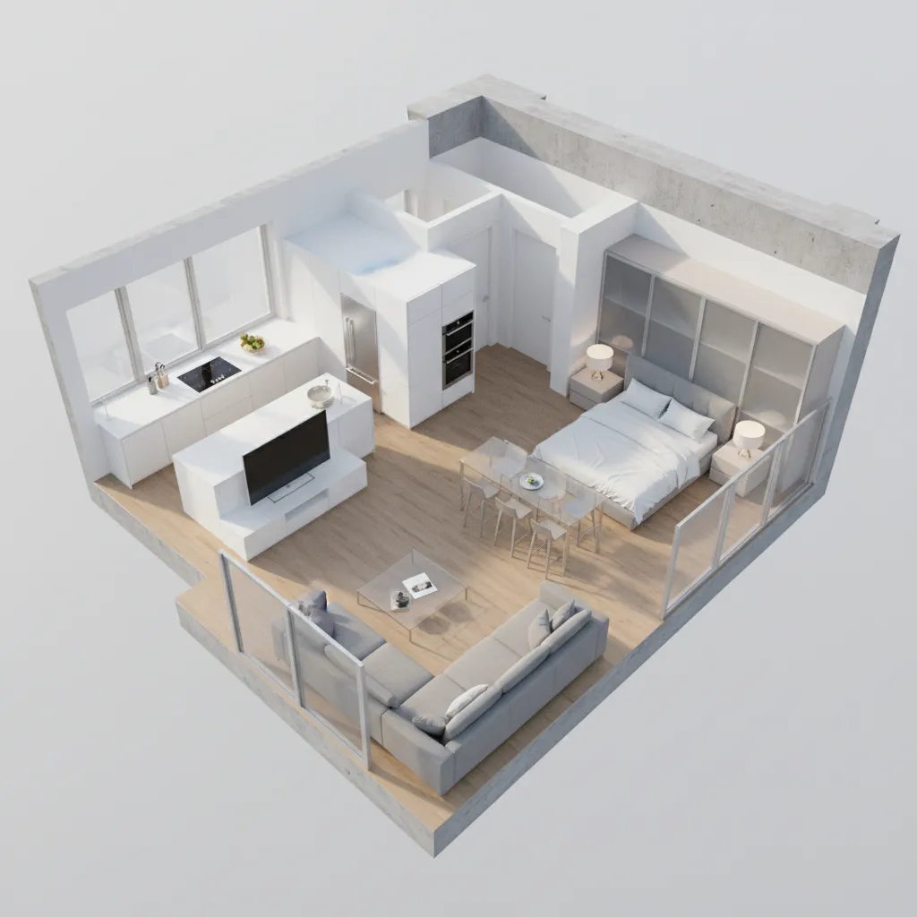 Vista 3D de un apartamento completo diseñado digitalmente