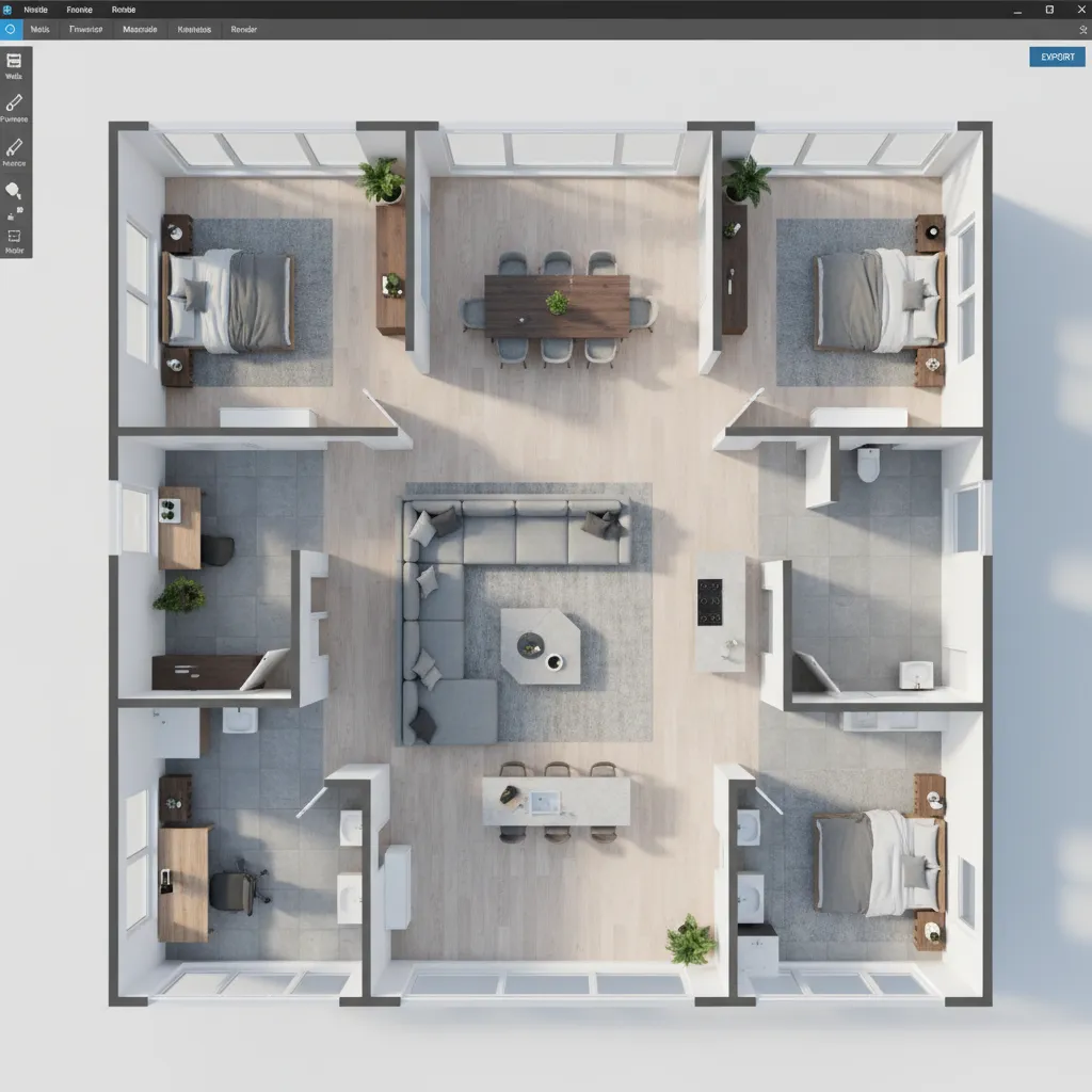 Modelo 3D de plano de casa en proceso de diseño