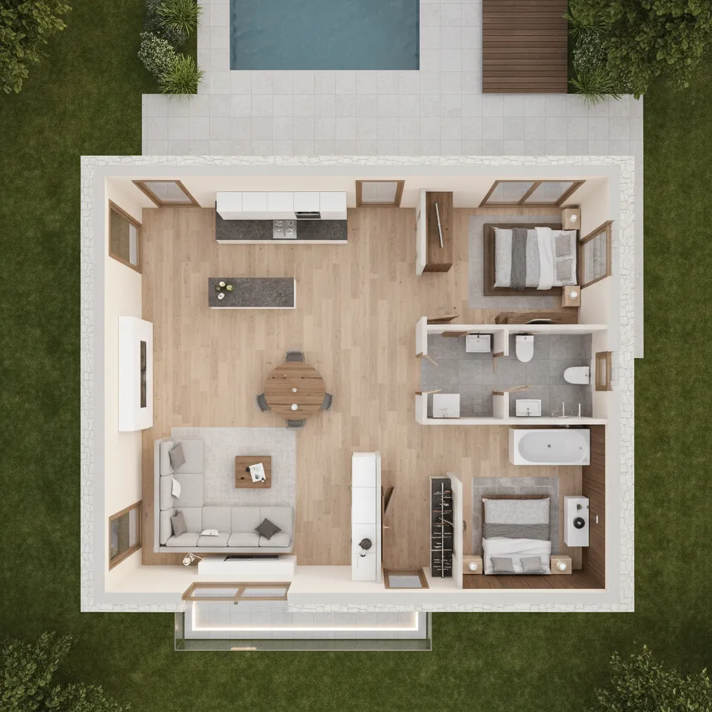 Visualización 3D de distribución de casa de campo