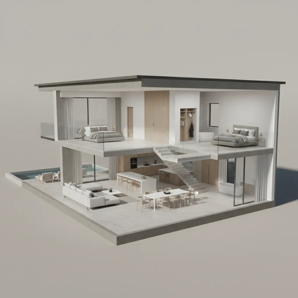 Modelo 3D de una casa mostrando la distribución interior de las habitaciones