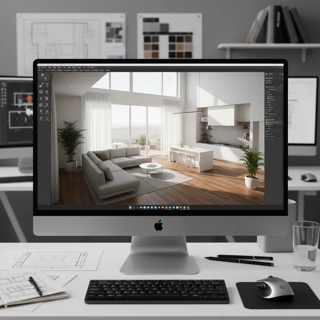 visualización digital 3D de plano de casa en software de diseño