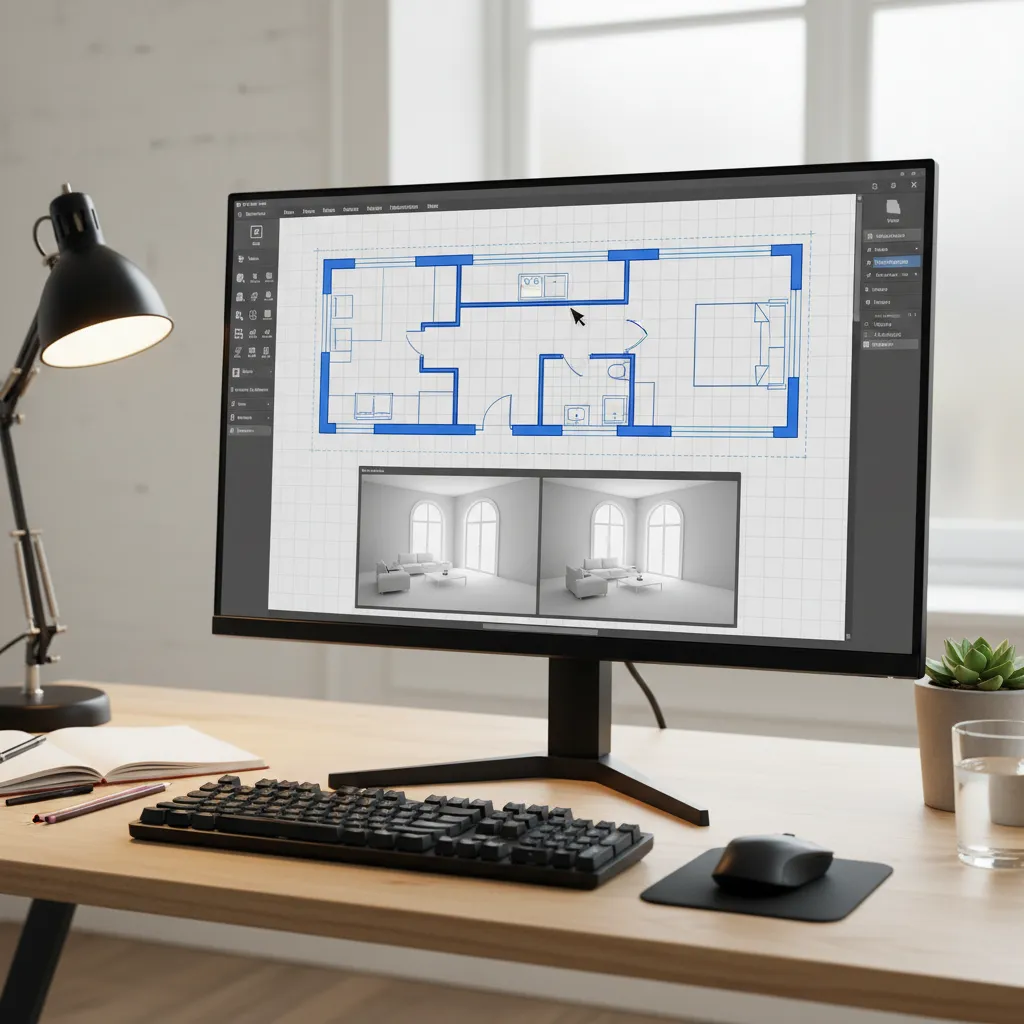 Computer screen showing 2D floor plan editor with two small interior design drawings on desk