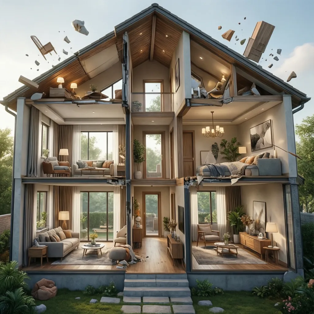 Render 3D de una casa mostrando la distribución interior completa