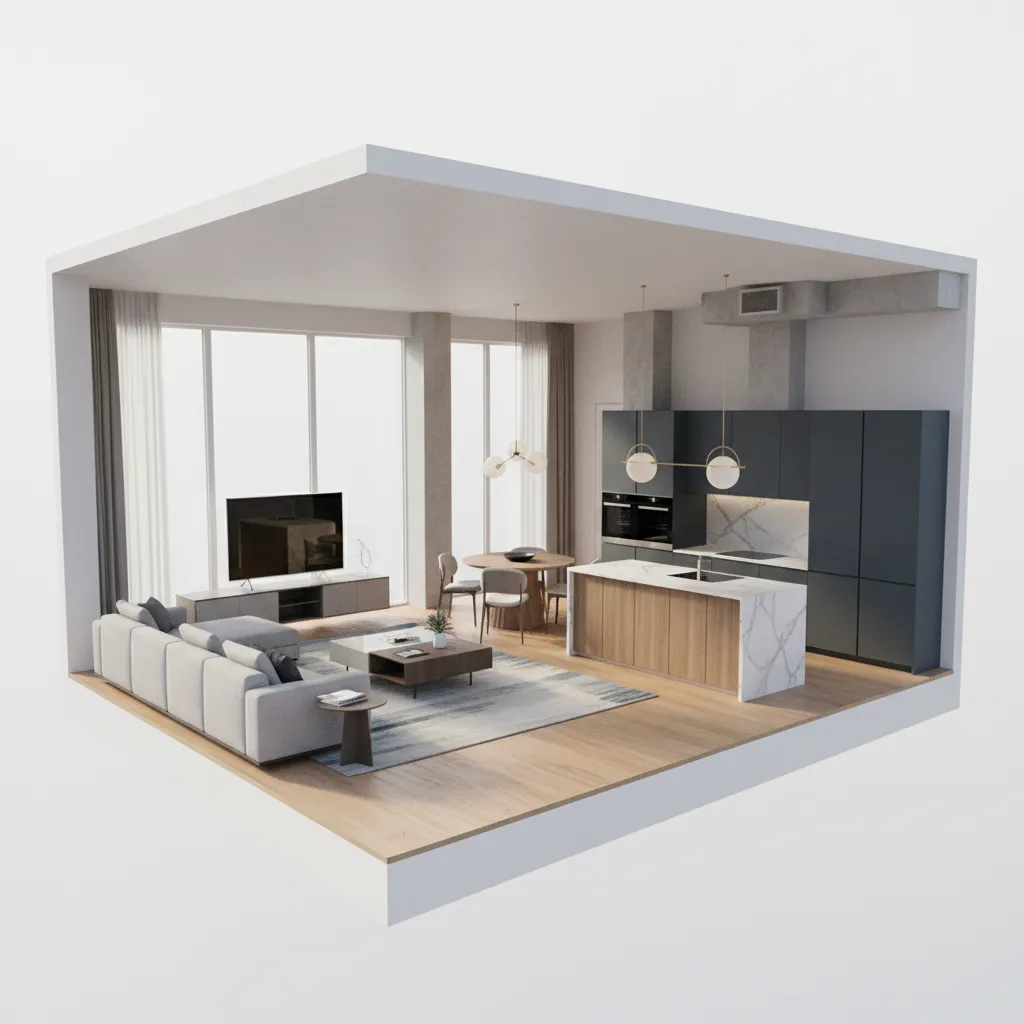 Modelo 3D de una vivienda generado en un programa de diseño interior