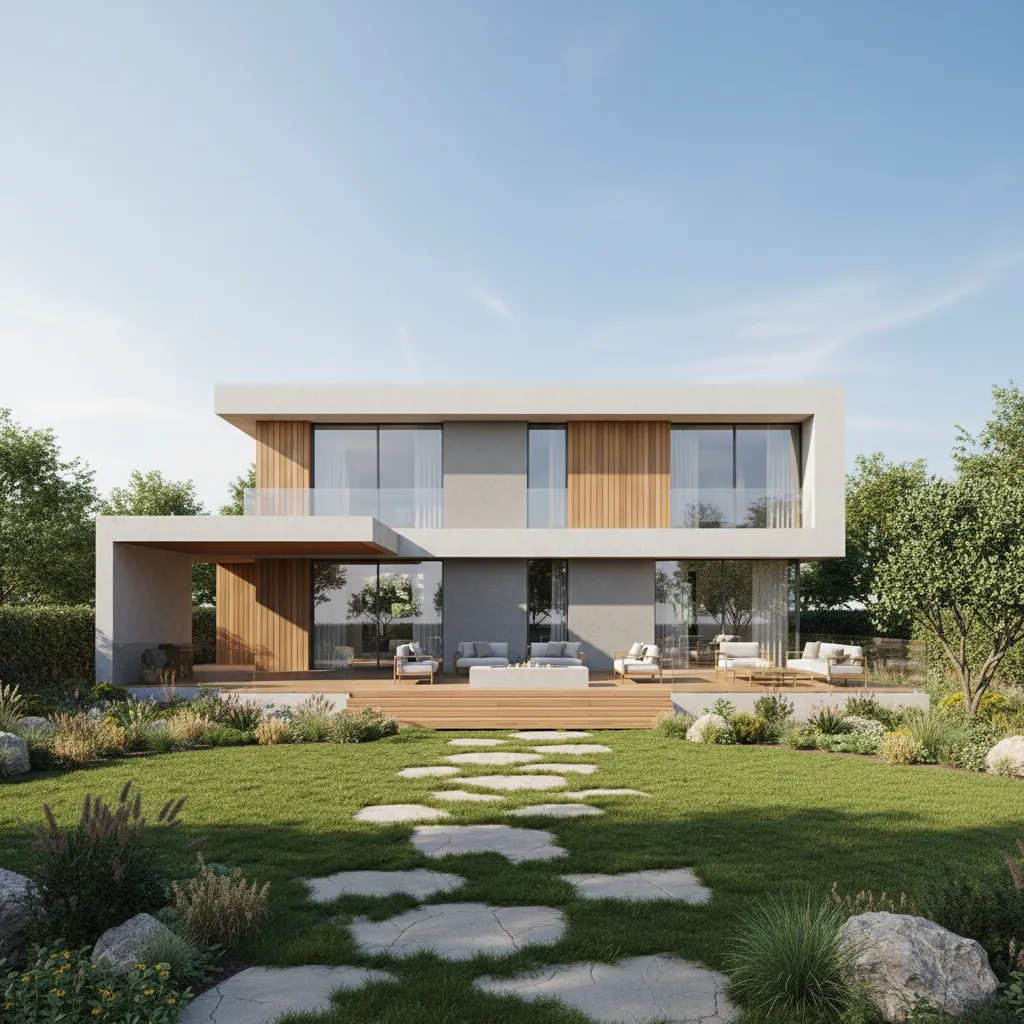 Modern house featuring wood panels large windows outdoor sofa green lawn and a stone path