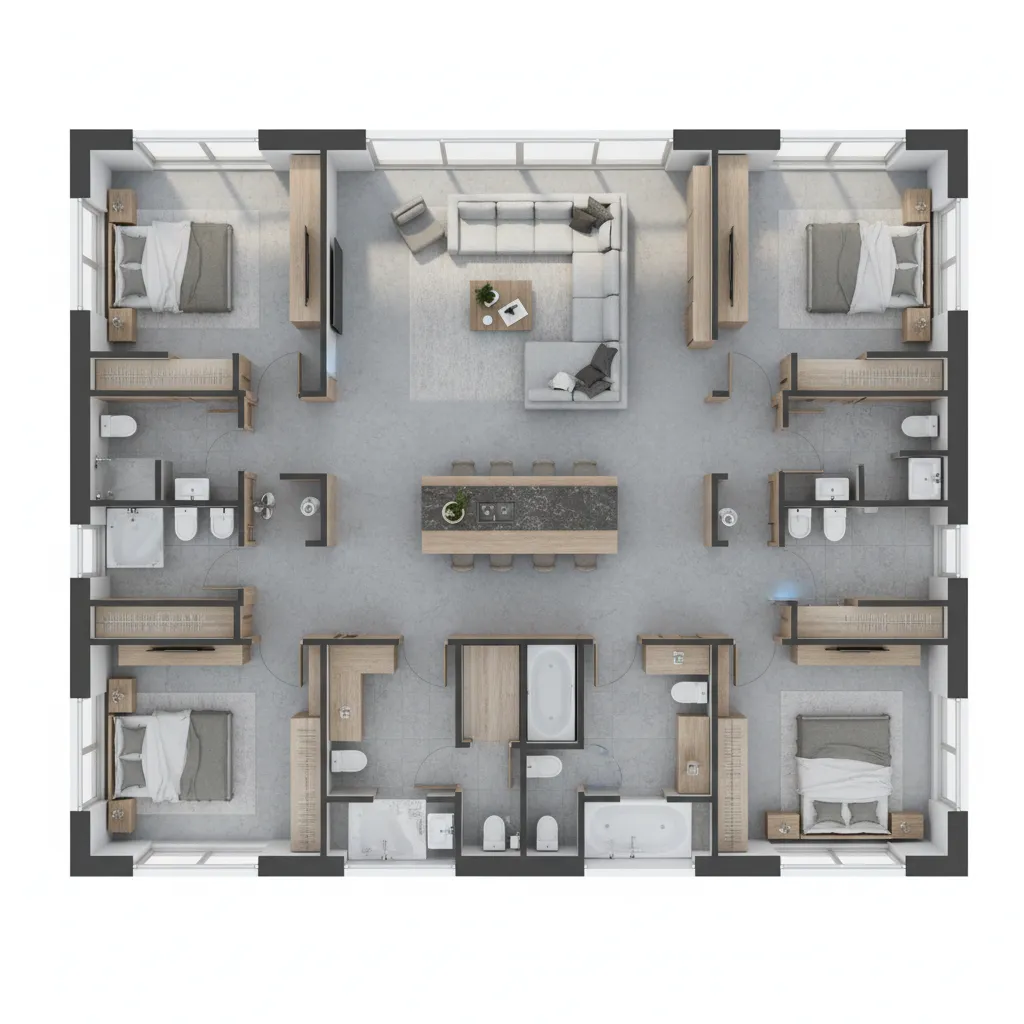 Top down 3D interior design drawing showing four bedrooms living room kitchen island and bathrooms