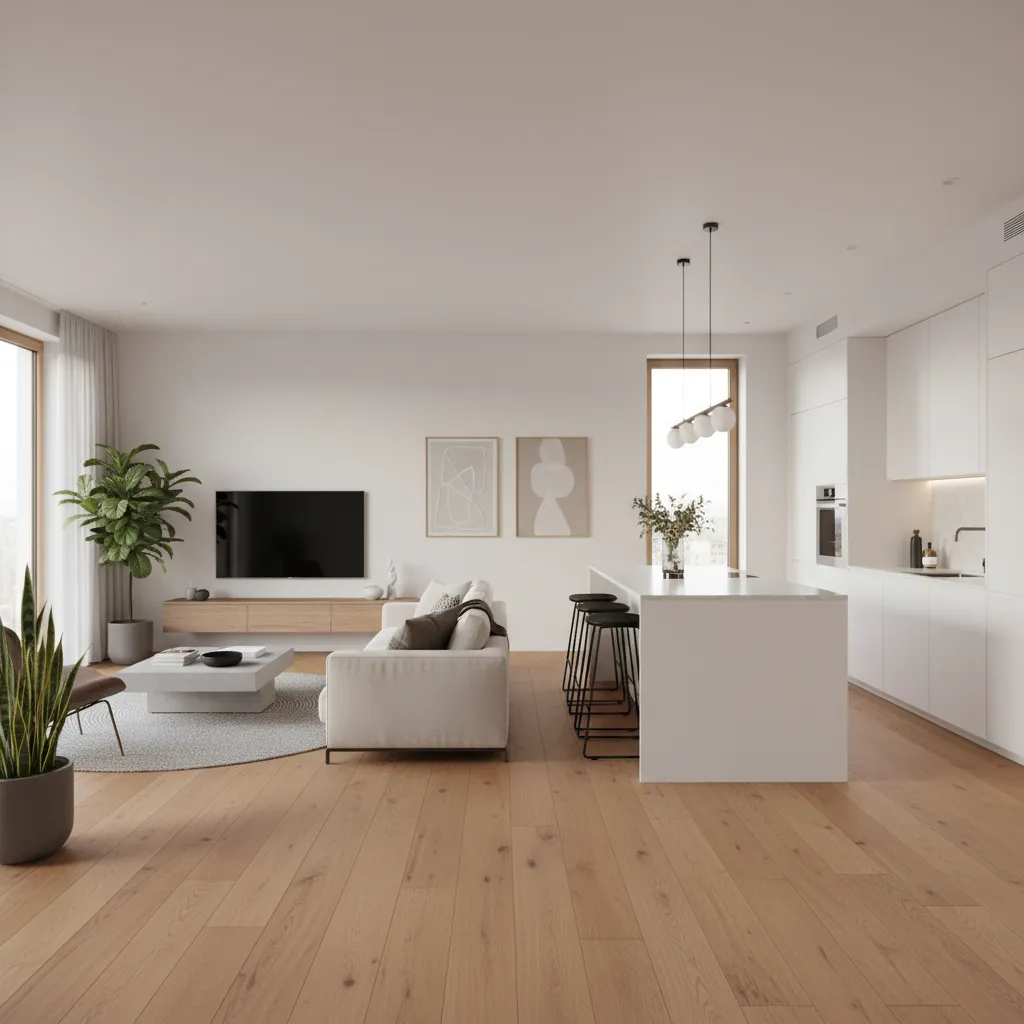 Bright open plan living room and kitchen area with wooden floors white sofa and wall television
