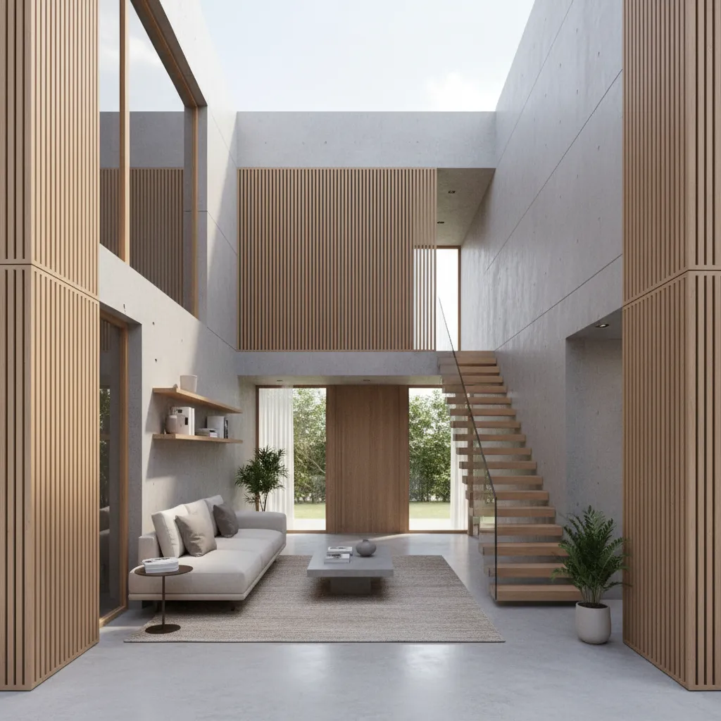 Modern living room featuring white sofa wooden stairs wood wall panels concrete walls and ceiling