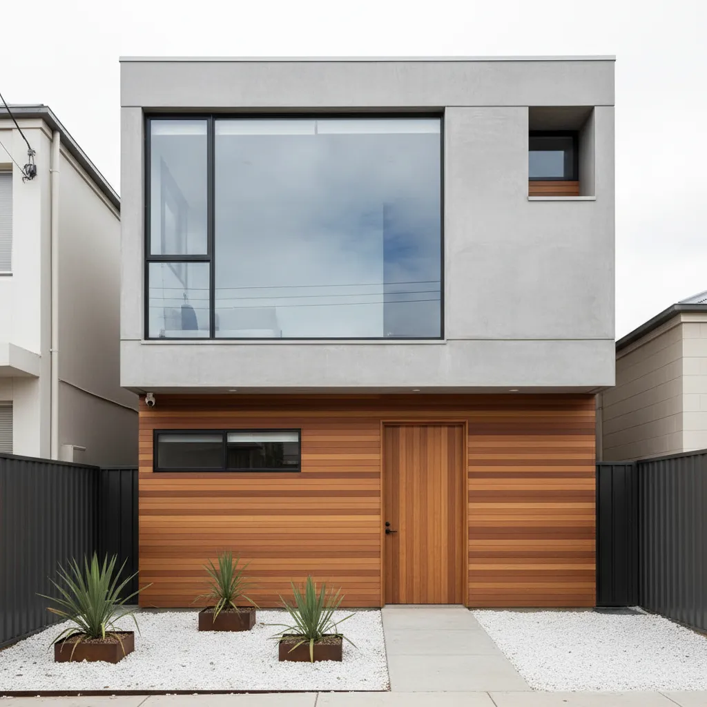 Modern house exterior with grey concrete top floor, wood wall panels and white gravel yard.