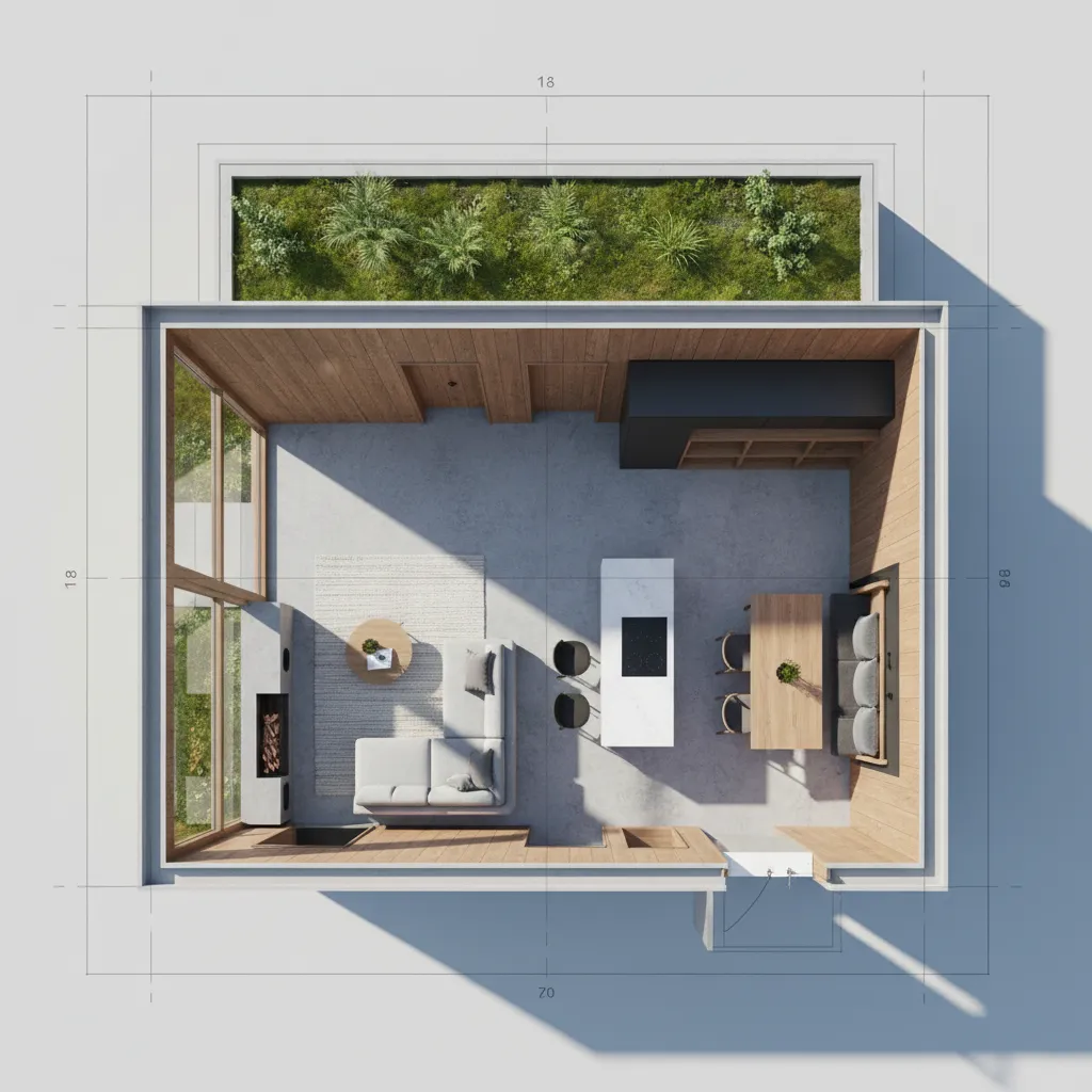 Top down interior design drawing of studio apartment with wooden walls kitchen island and sofa
