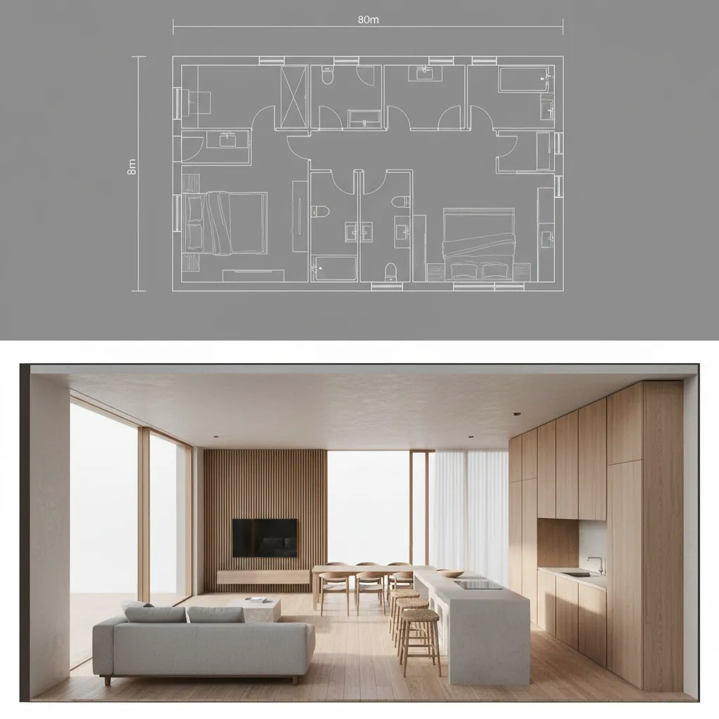 Comparison showing white line floor plan drawing and a modern open interior design drawing view