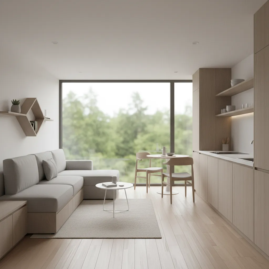 Minimalist living room with grey sofa wooden kitchen cabinets dining table and large window view