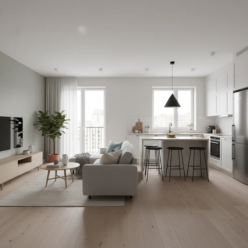 Modern open living room with grey sofa wooden floor white kitchen cabinets and black light