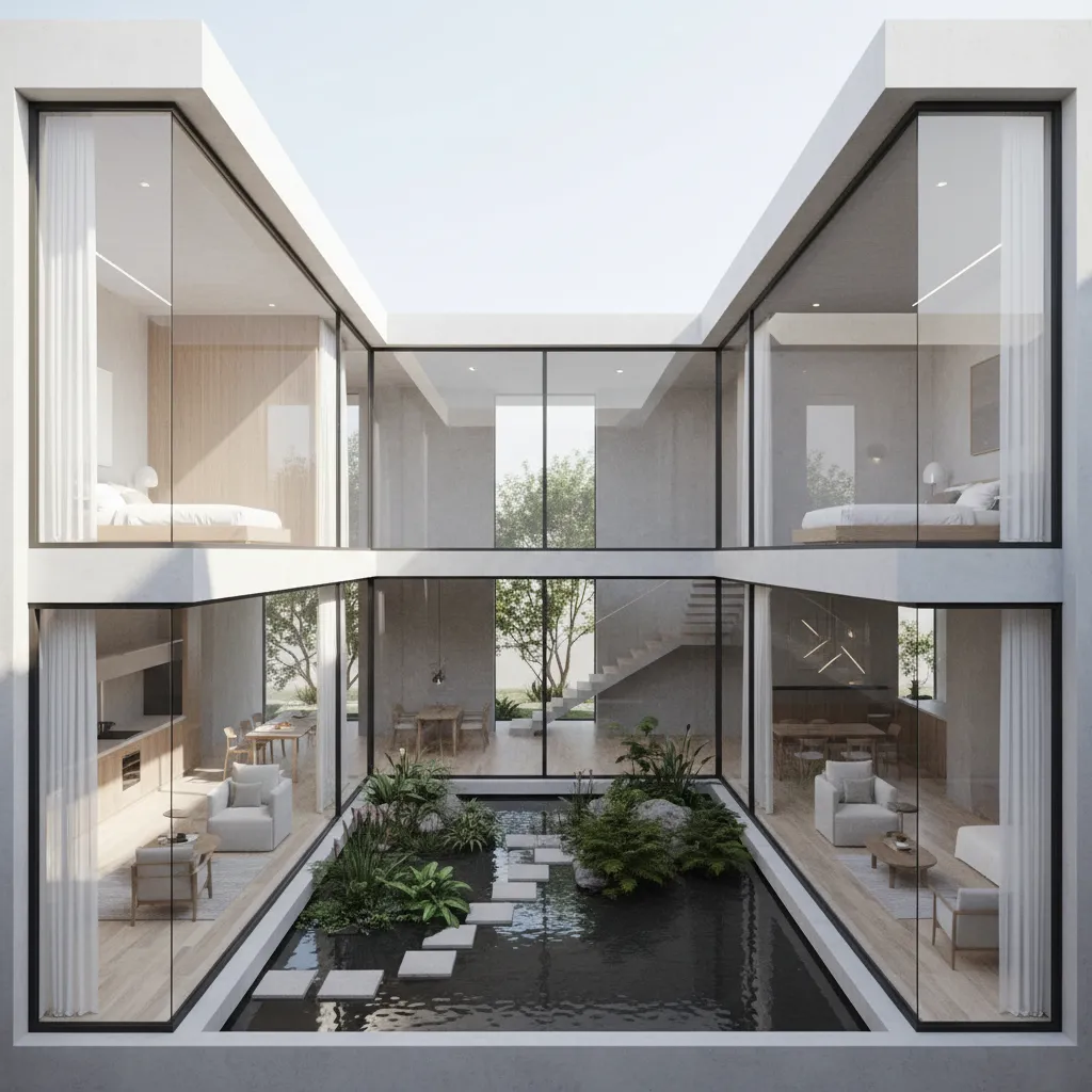 Vista arquitectónica de una casa organizada alrededor de un patio central