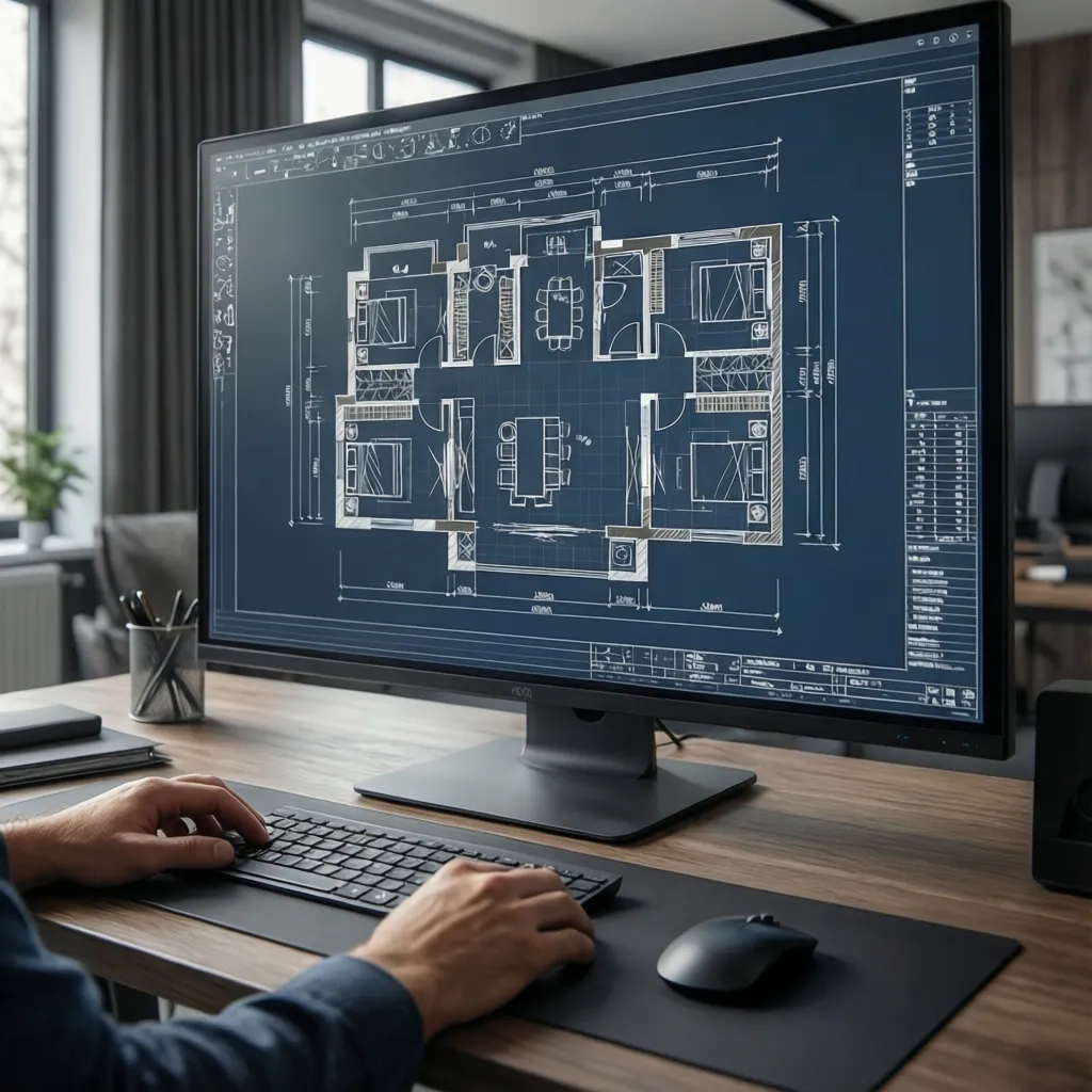 Designer using a computer to create a professional floor plan layout for a large house
