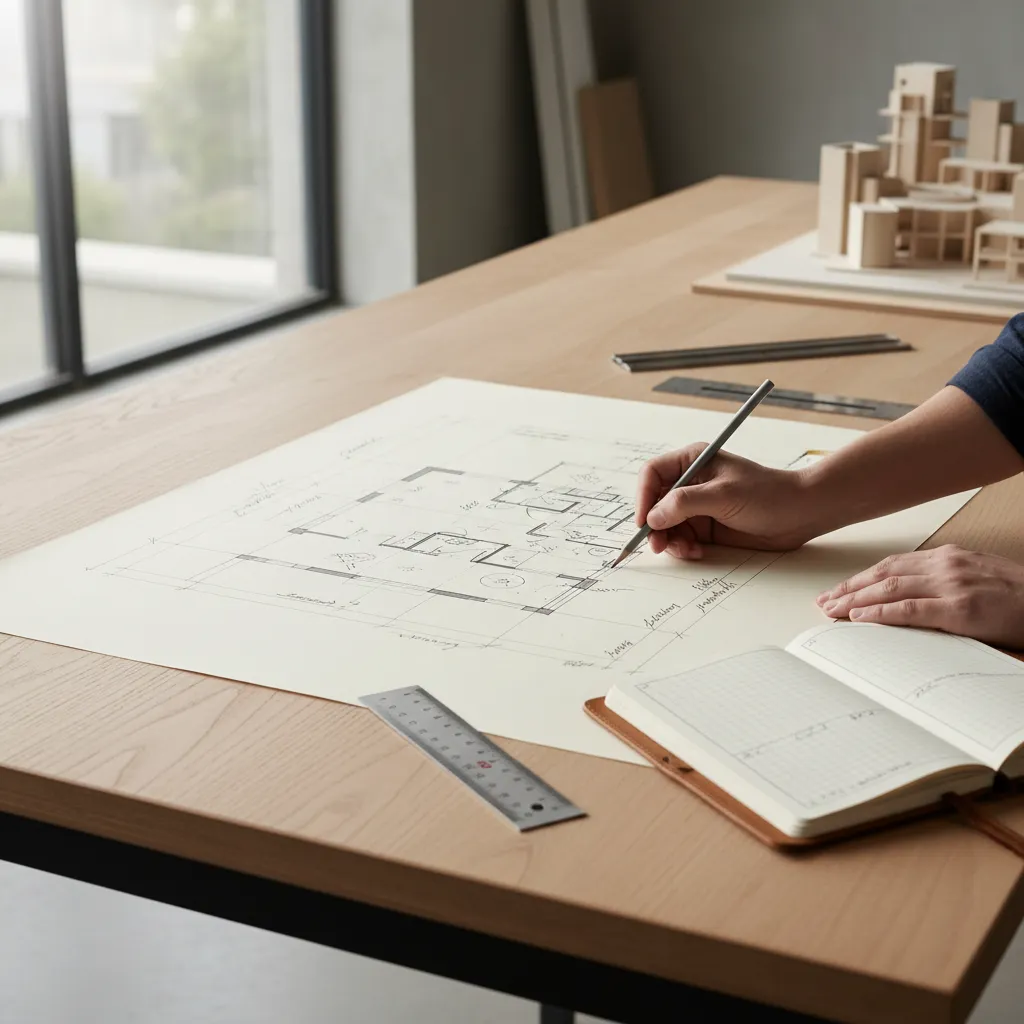 Arquitecto dibujando el plano de una casa en papel