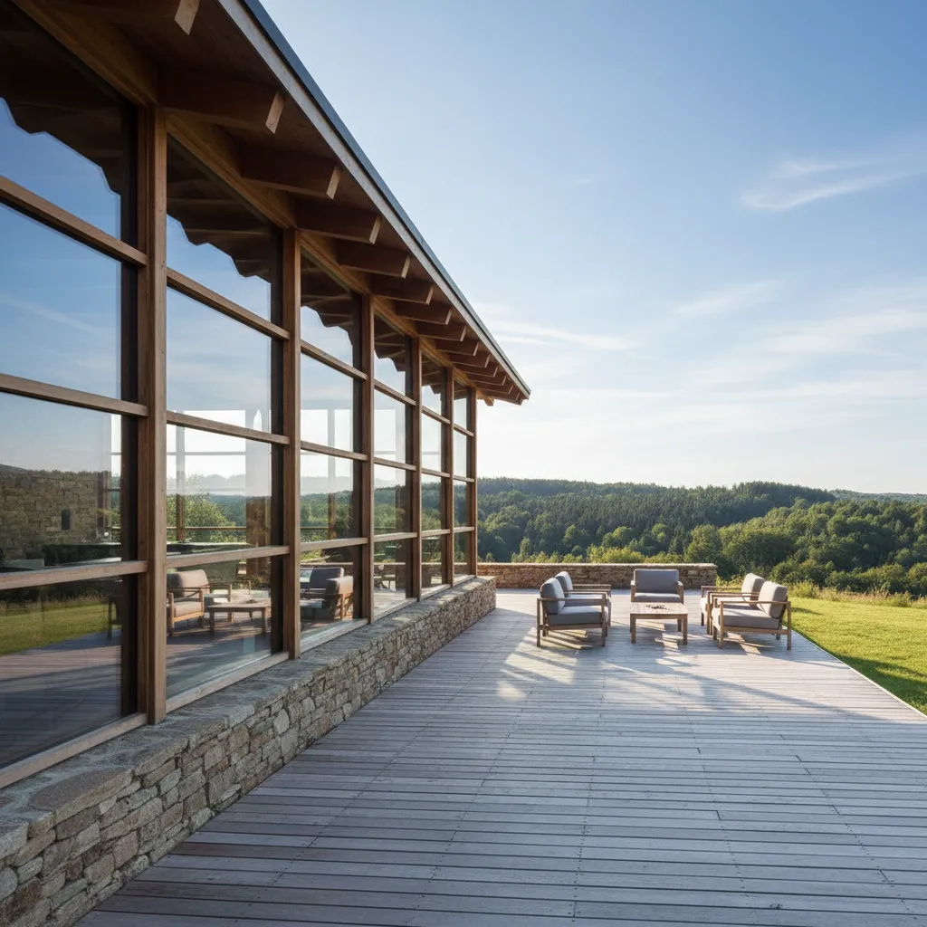 Casa campestre moderna con grandes ventanales y terraza abierta al paisaje