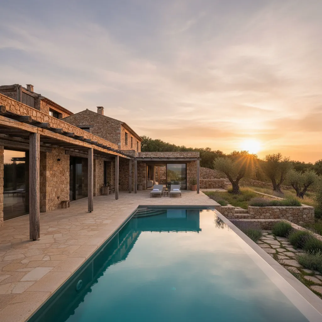 Stone house with swimming pool and wooden beams during sunset with garden and olive trees