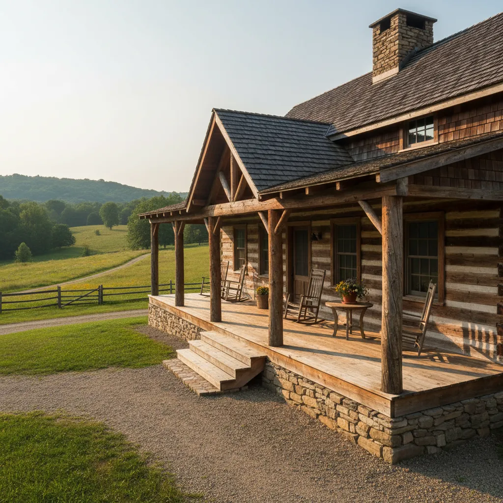 Casa rural con gran porche frontal y materiales naturales
