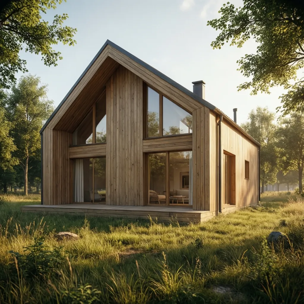 Modern wooden cabin with large glass windows and triangular roof set in a green grassy field