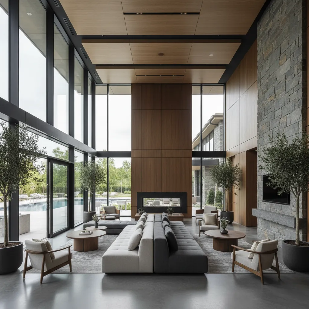Large social lounge with grey sofa, wooden ceiling, stone fireplace, indoor trees, and outdoor pool