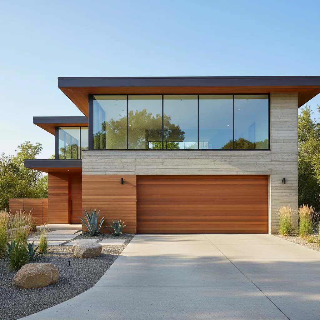 Modern two story home with large windows wooden garage door concrete driveway and green garden