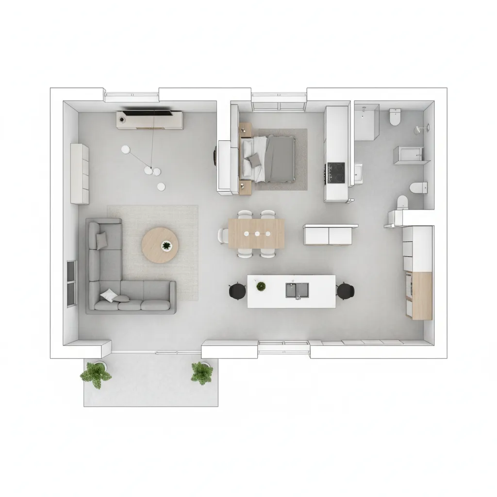 Interior design drawing of small apartment with sofa kitchen dining table bed and a bathroom