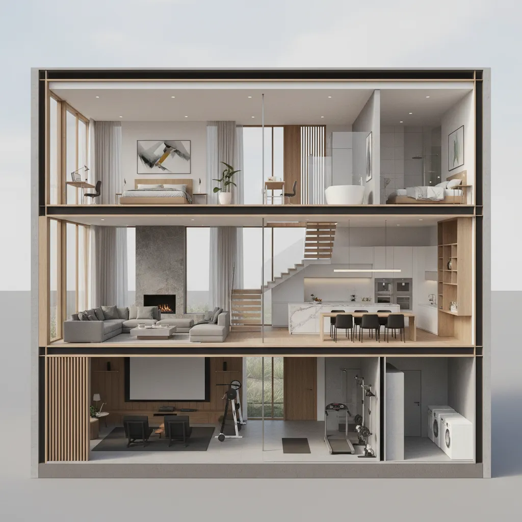 Modelo 3D de una casa completa con varias habitaciones visibles