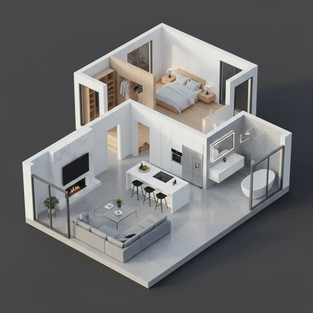 Modelo 3D completo de una casa con varias habitaciones visibles