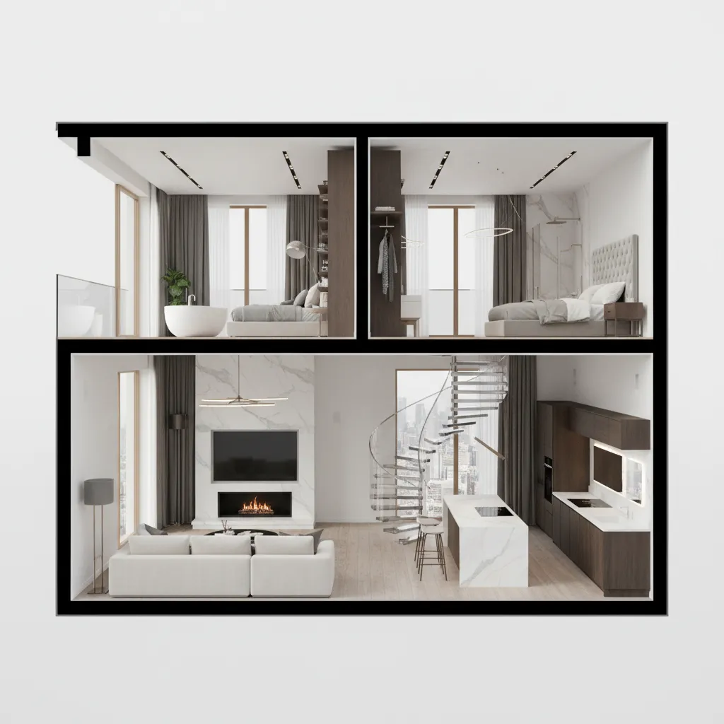 Modelo 3D de una casa completa con varias habitaciones diseñadas