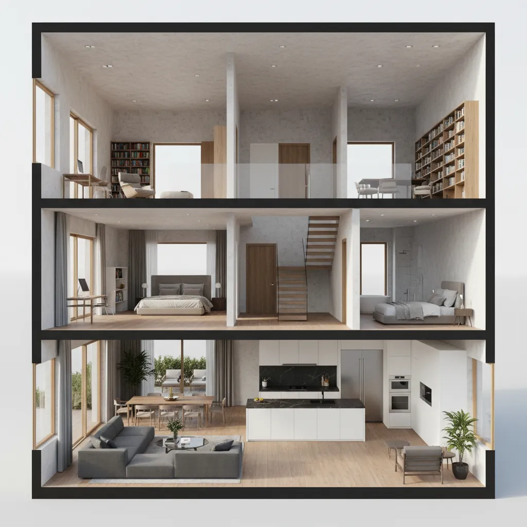 Vista 3D de una casa completa diseñada digitalmente