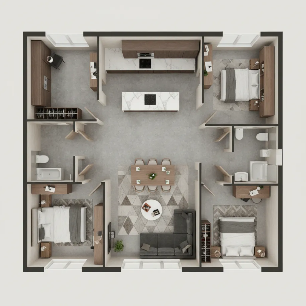 Plano completo de una casa visualizado en 3D desde software de diseño