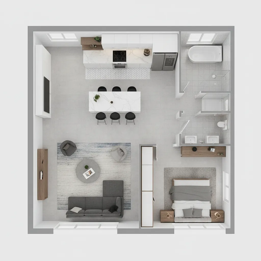 Vista 3D de plano completo de una vivienda con varias habitaciones