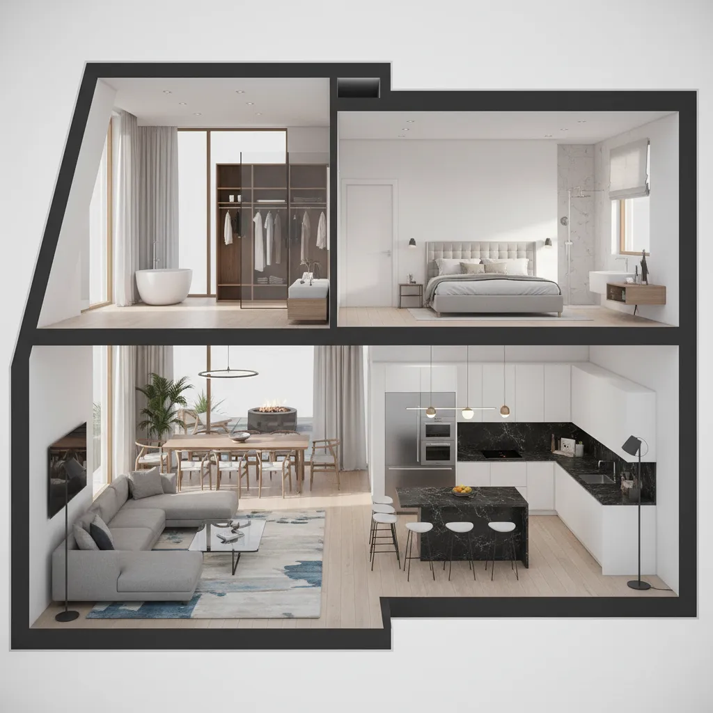 Vista 3D de una vivienda completa diseñada digitalmente