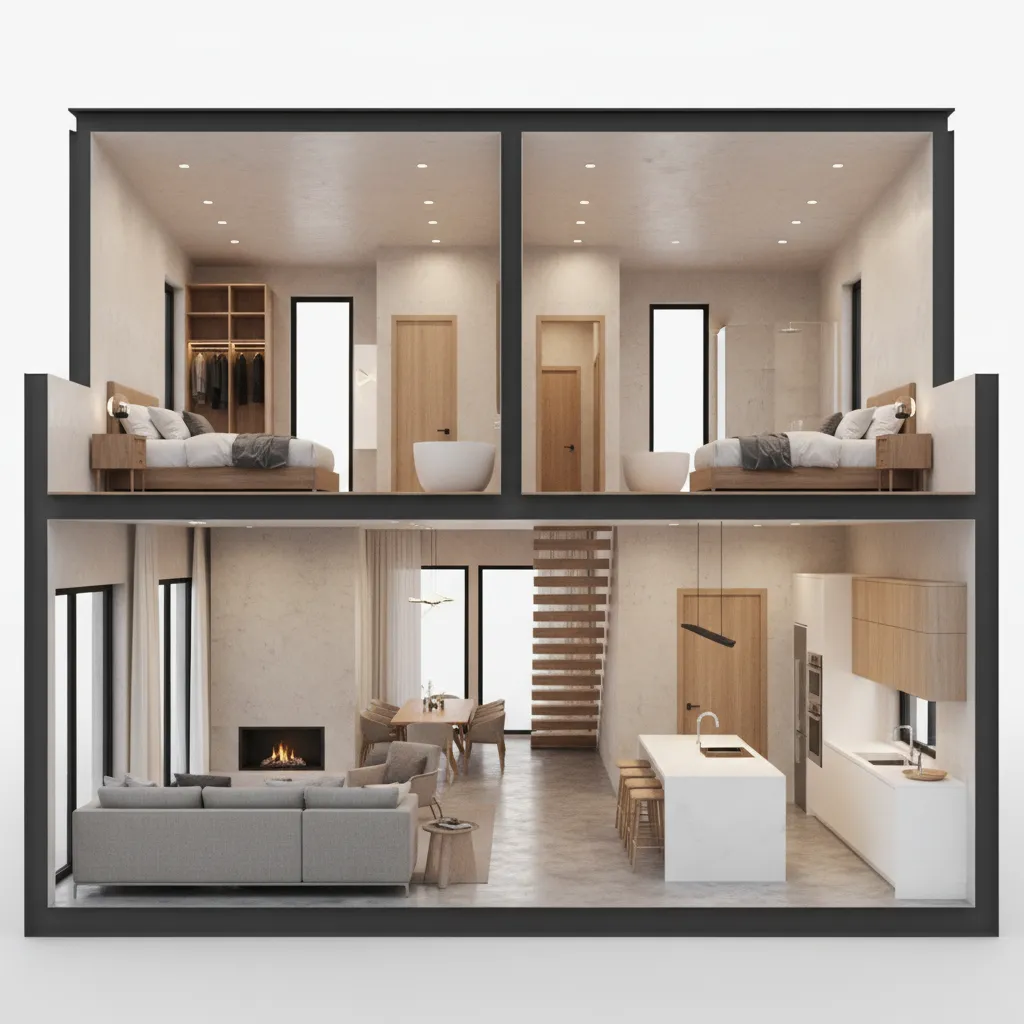 Vista 3D completa de una vivienda diseñada digitalmente