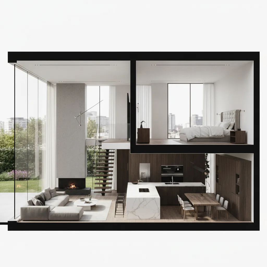 Modern house interior design drawing with living room kitchen stairs and bedroom on upper floor
