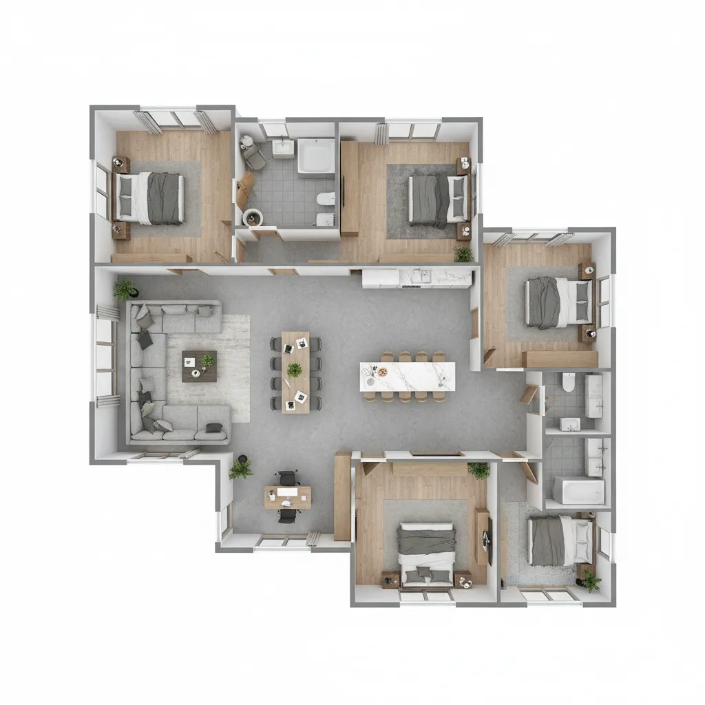 Plano 3D completo de una casa con varias habitaciones