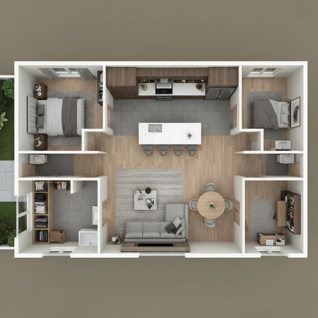 Diseño completo de una casa con varias habitaciones en software 3D