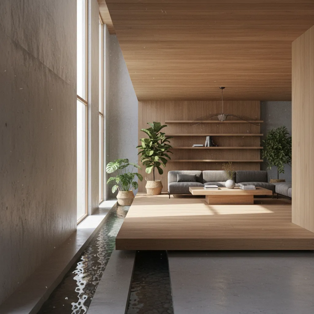 Interior de casa moderna con agua decorativa integrada en el suelo