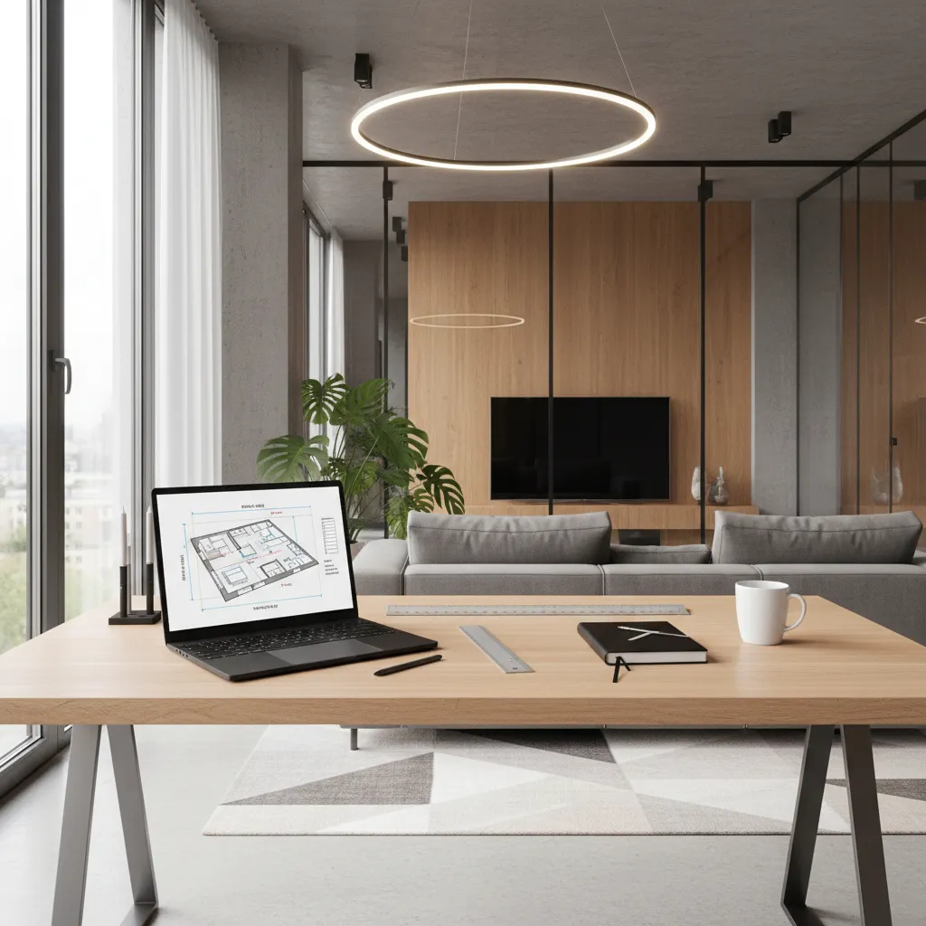 Laptop on wood desk showing floor plan design with sofa and ceiling light in background