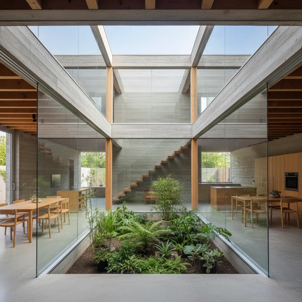Casa moderna organizada alrededor de un patio interior con vegetación
