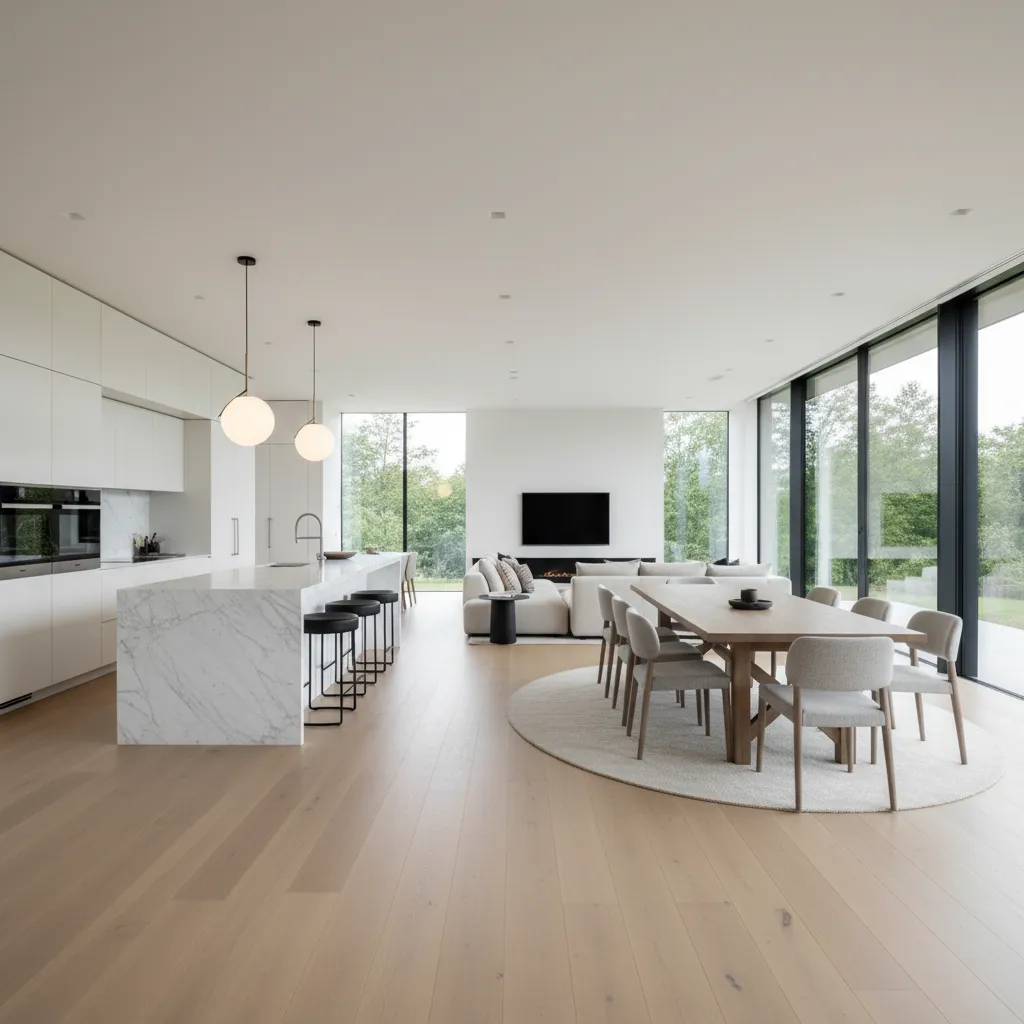 Spacious open house with marble kitchen island wooden dining table white sofa and large windows