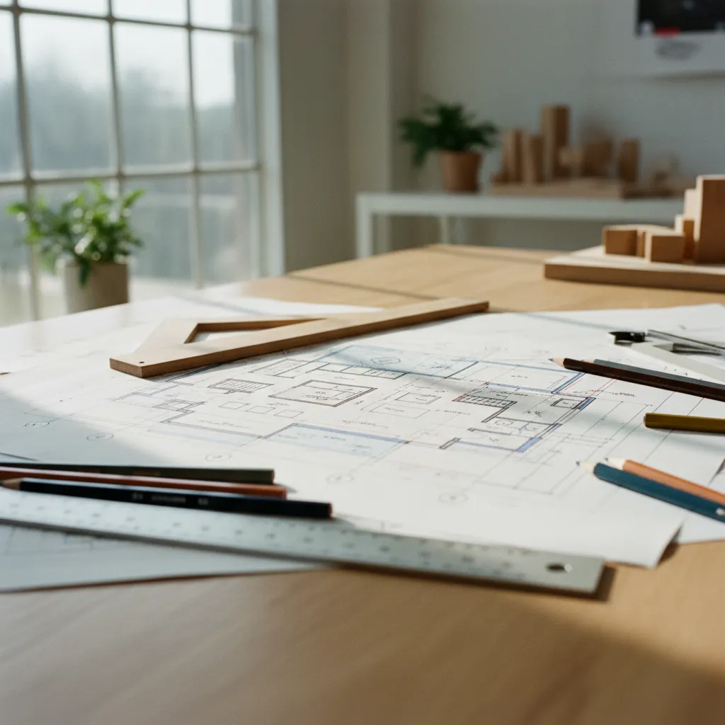 Detailed interior design drawing on a wooden table with pencils, rulers, and natural window light