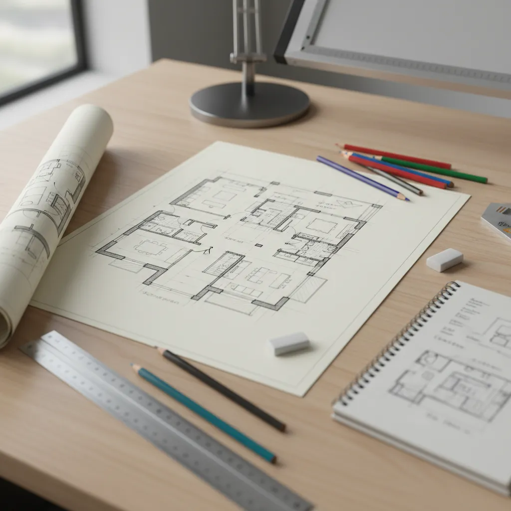 Hand-drawn house floor plan on paper with colored pencils ruler and eraser on wooden desk
