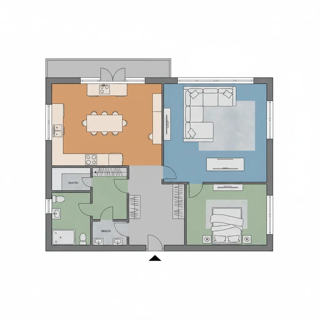 Top view of house room layout showing colored kitchen living area bedroom and bathroom floor plan