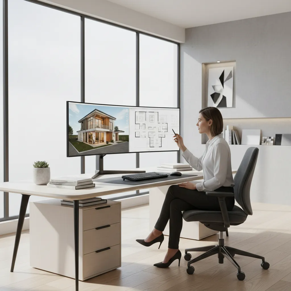 Diseñador revisando un modelo 3D de vivienda en pantalla grande