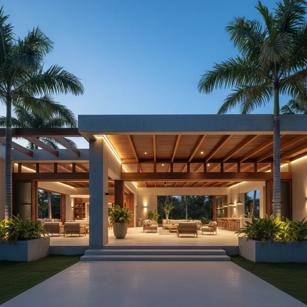 Modern villa exterior at dusk with warm lighting, concrete walls, wooden ceiling, and palm trees